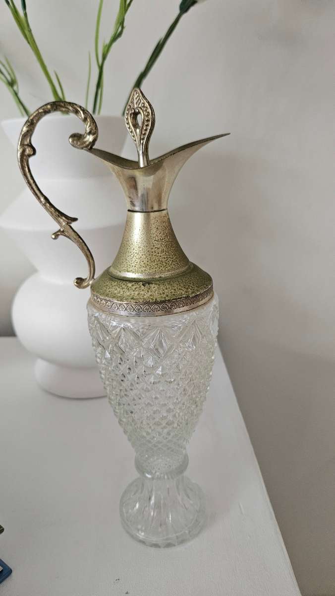 Vintage Waffle Crystal Ornate Silver Plate Decanter