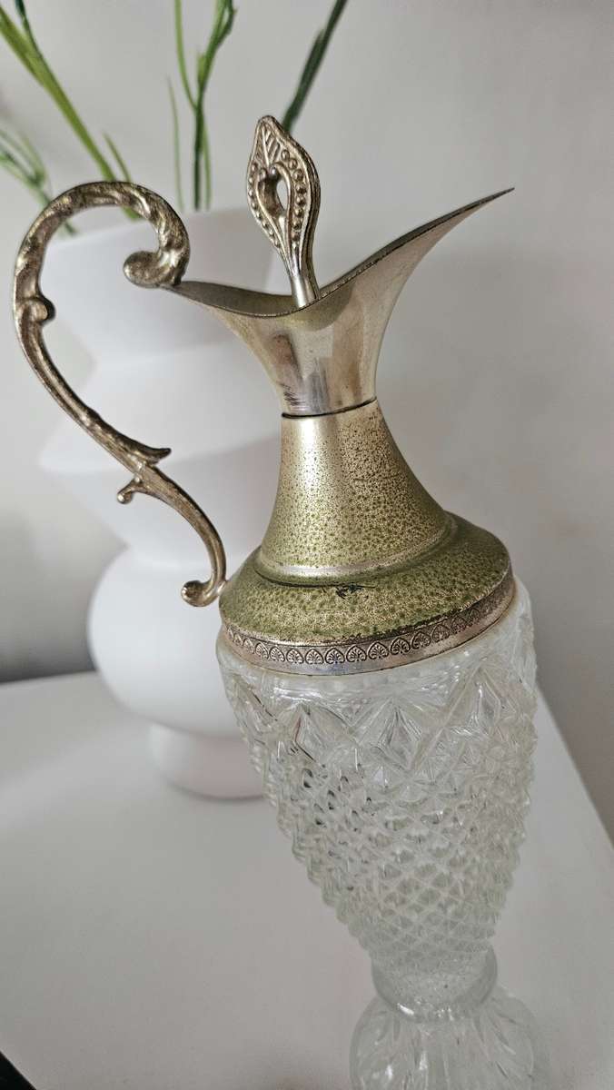 Vintage Waffle Crystal Ornate Silver Plate Decanter