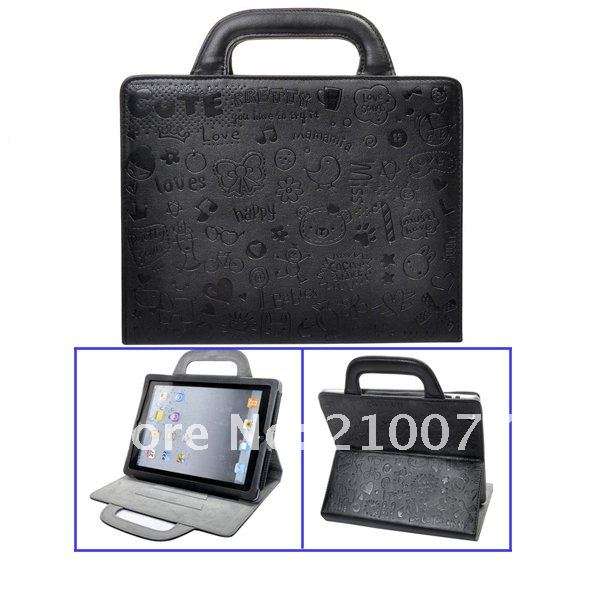 iPad 2 or iPad 3 , "NEW" Black Cartoon cover, Portable case, PU leather fabric protection