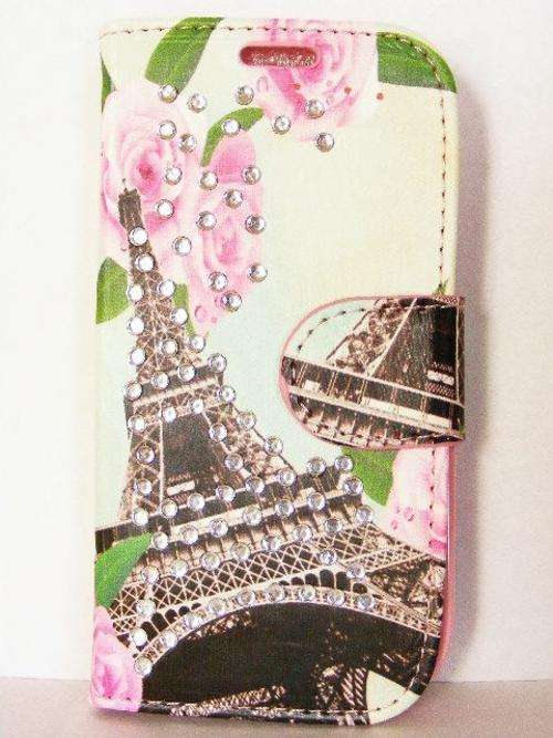 Samsung Galaxy S4 mini i9190 Book style wallet cover Green Pink rose Paris design + free Screenguard