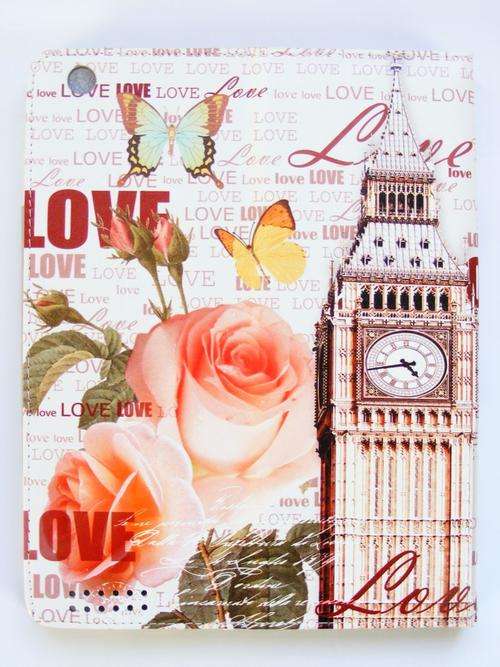 iPad 2, 3, 4 Book cover - Old times Love Big Ben -Rose- pattern Design, fabric  for iPad