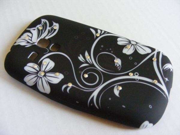 Black/white flower Soft TPU Silicon Back Case Cover for Galaxy S3 Mini i8190 + Free Screen protector
