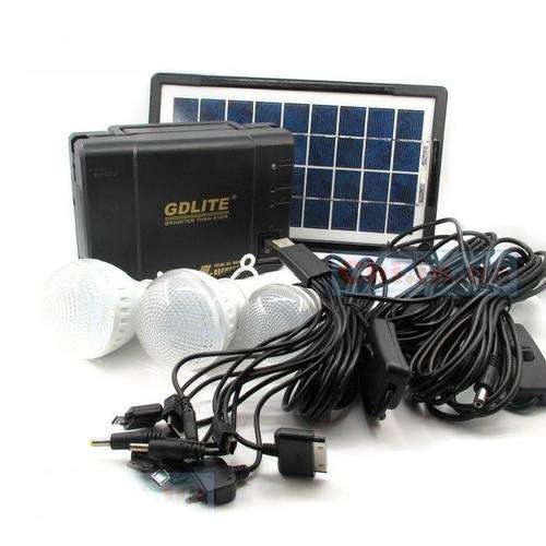 Indoor solar light system with 3 x LED Bulbs, for camping or house use. With cell phone charging