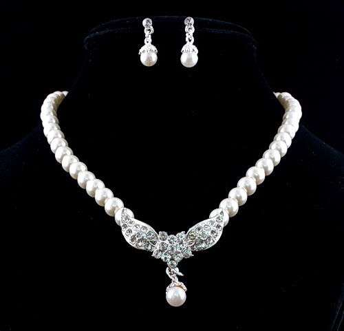 Fasion bridal wedding engagement party pearl necklace earring jewellery set