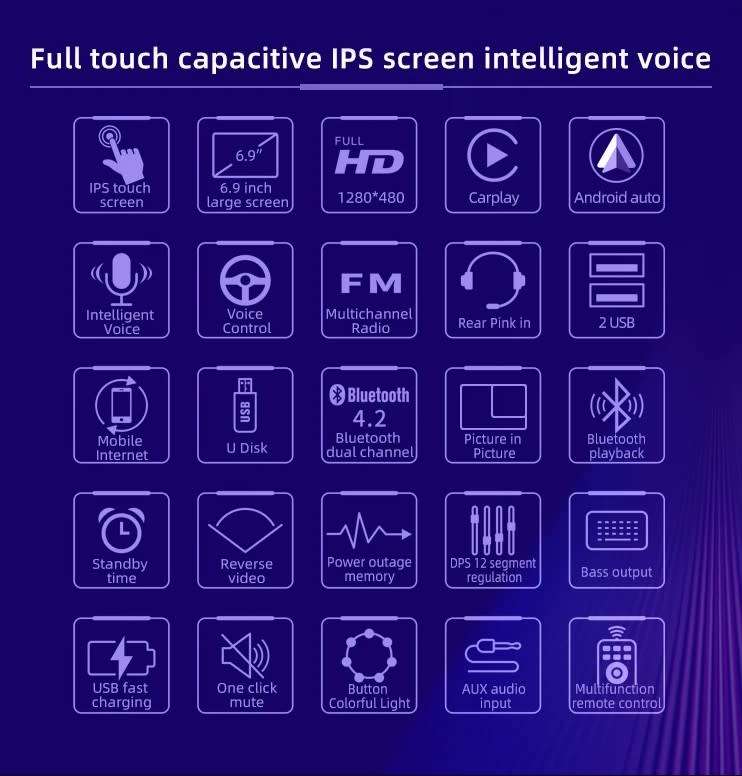 6.9 inch 1080p built in Carplay Android Auto MP5 Radio Touch screen Single Din