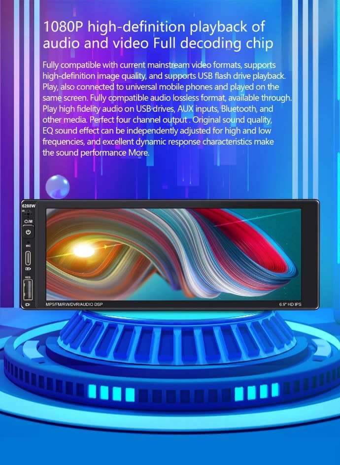 6.9 inch built in Carplay Auto Car MP5 Radio video Multimedia player rotating screen 1din 1 Din