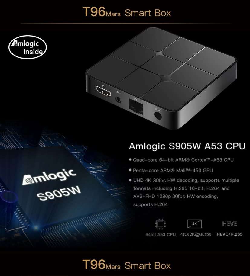 T96 Mars 4K HD 5G Wifi Smart TV Box 905W Quad-Core Plus 16GB