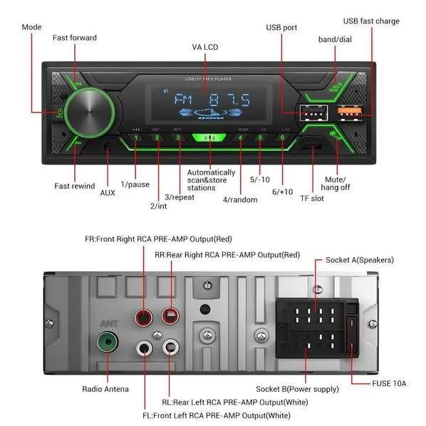 Suojun Single DIN Bluetooth Car Stereo MP3 Player AUX USB TF FM Radio Receiver 50watt x 4 Red Led