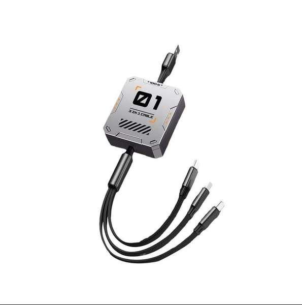 100 Watt 3 in 1 Multi Retractable Charger Cable: USB to Type C, Lightning & Micro