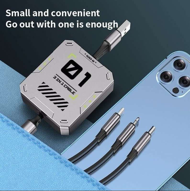 100 Watt 3 in 1 Multi Retractable Charger Cable: USB to Type C, Lightning & Micro