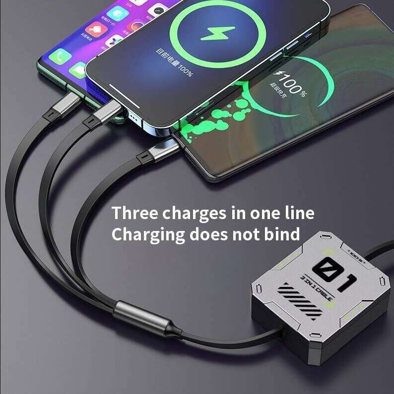 100 Watt 3 in 1 Multi Retractable Charger Cable: USB to Type C, Lightning & Micro