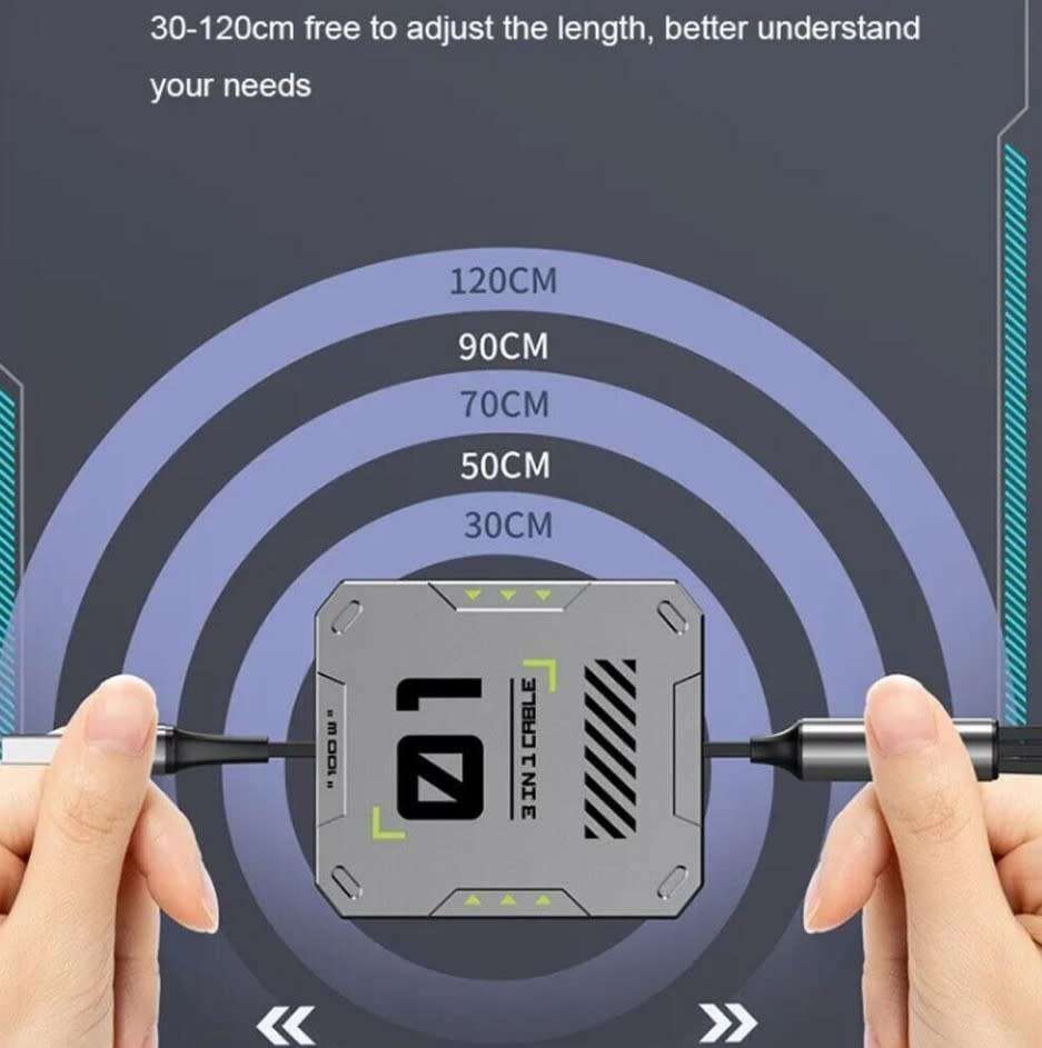 100 Watt 3 in 1 Multi Retractable Charger Cable: USB to Type C, Lightning & Micro