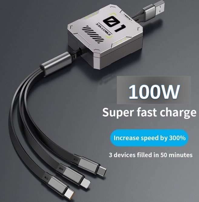 100 Watt 3 in 1 Multi Retractable Charger Cable: USB to Type C, Lightning & Micro