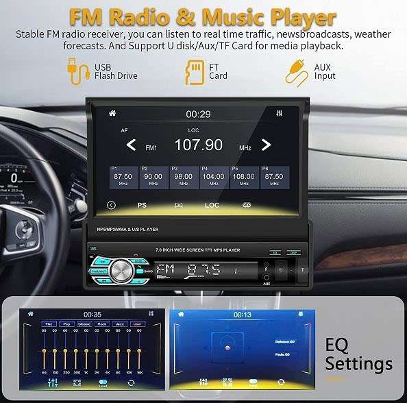 Pervoi 60watt x4 Universal 1DIN Car Audio System (Bluetooth/USB/AUX) with 7` Touch Screen