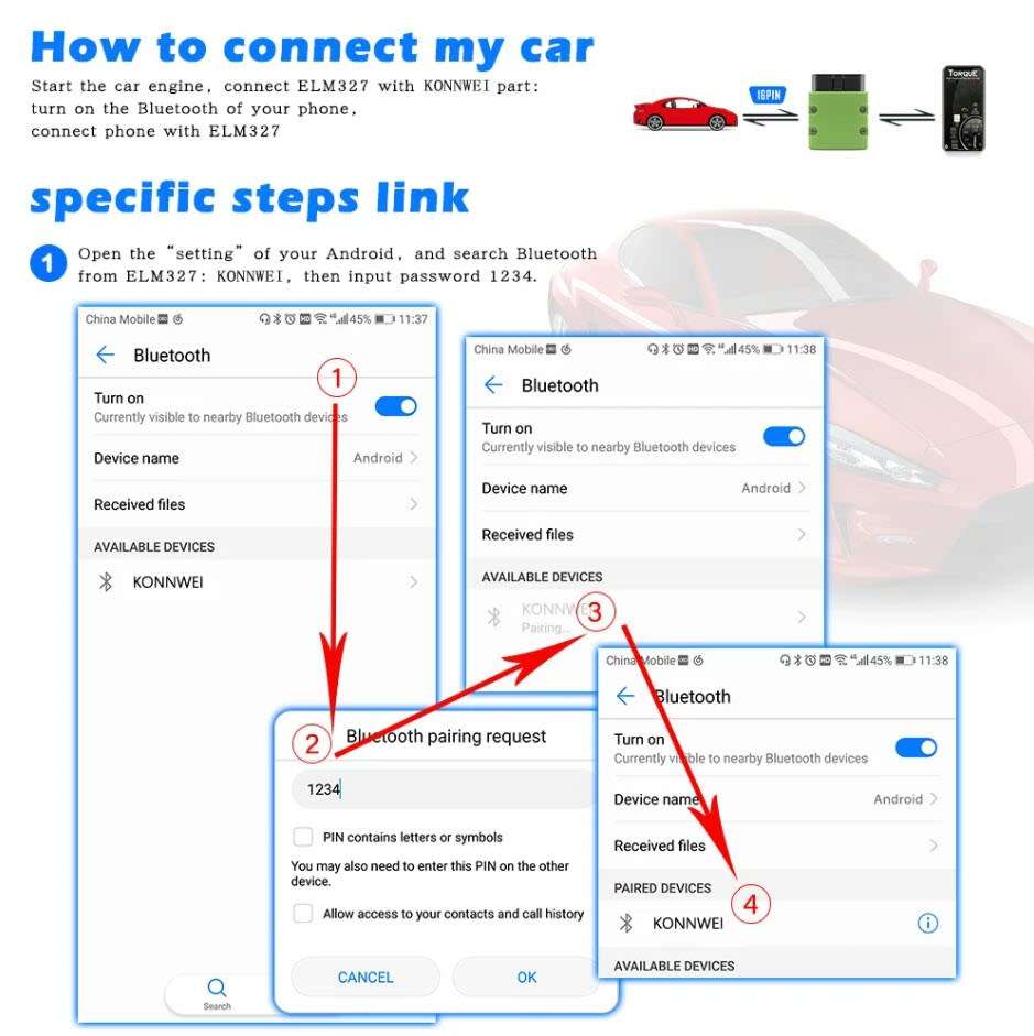 KONNWEI KW901 Android Phone Universal OBD2 Car Bluetooth 5.0 Diagnostic Scan Tools(Orange)