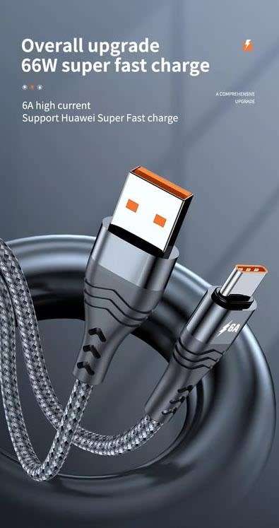 USB Braided 6A 66W Fast Charge Compatible cable - Type C - Black