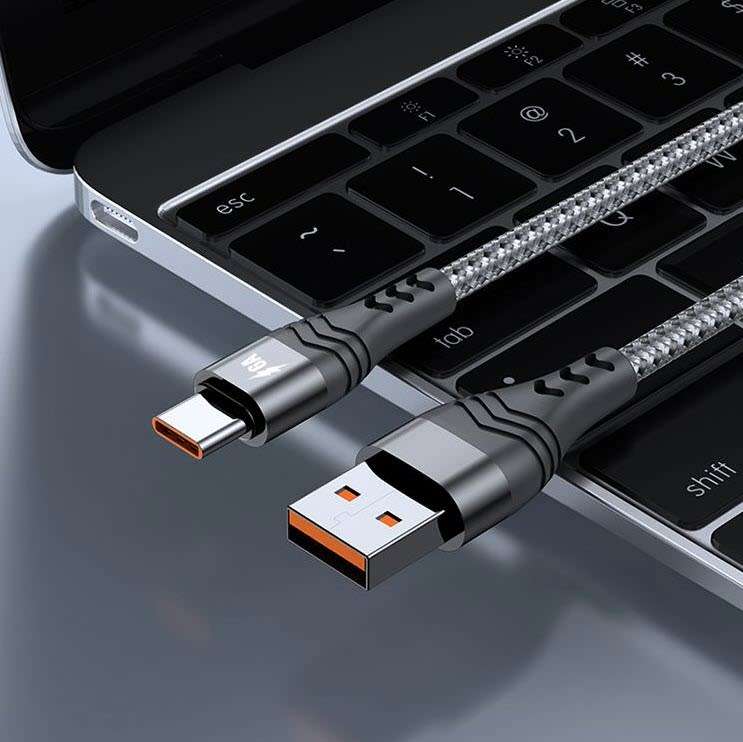 USB Braided 6A 66W Fast Charge Compatible cable - Type C - Black