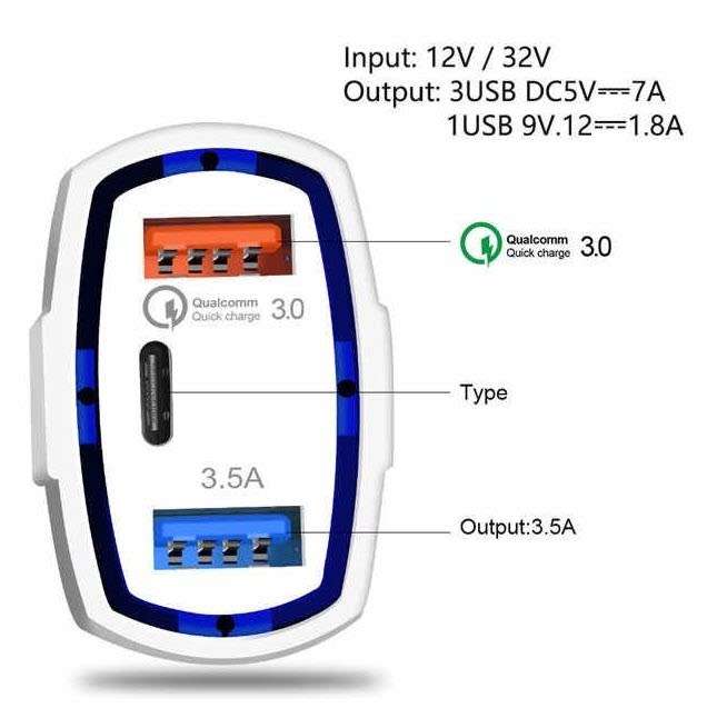 7A 3 Ports Car Charger Type C And USB Charger QC 3.0