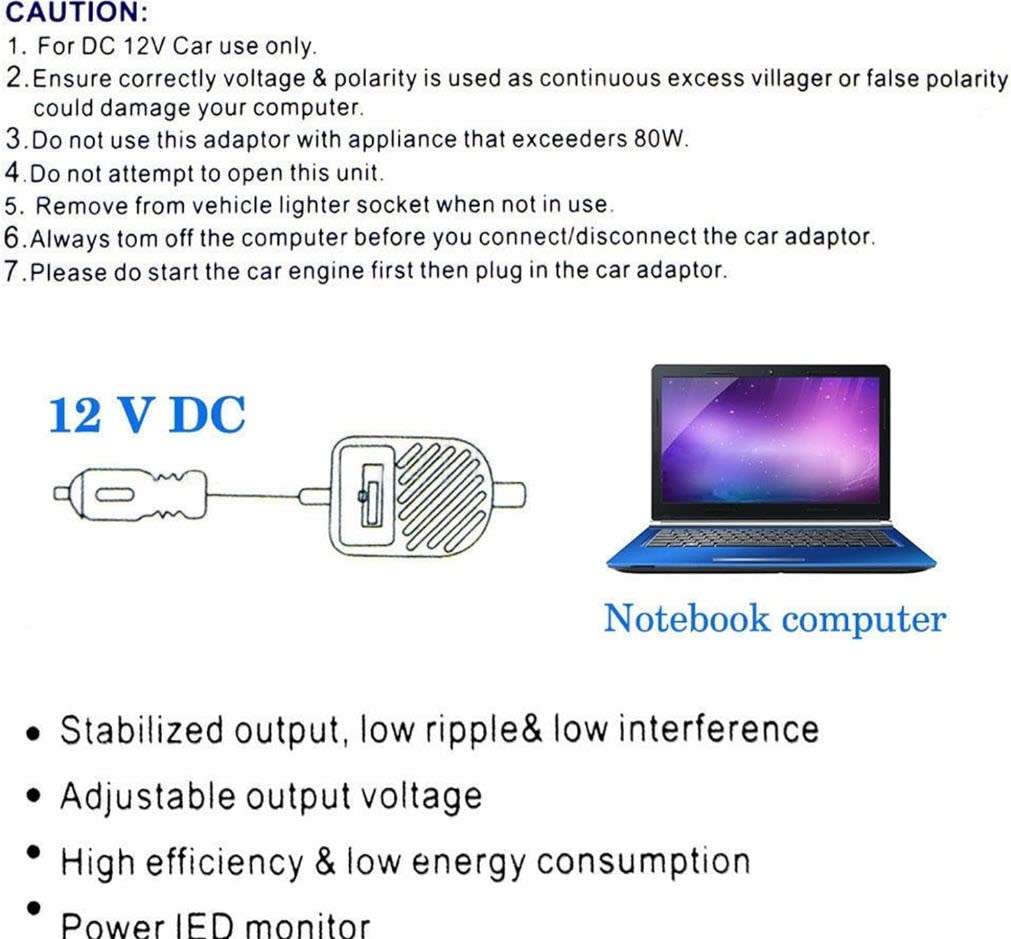 Universal Laptop ,80W DC Car Charger, DC Adapter 15-24V Adjustable Multifunction Power Supply