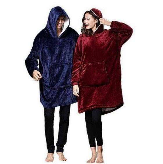 His and Hers One Size Fits All, Ultra Plush Blanket, Huggie Hoodie, TV Blanket - Dark Red or Blue