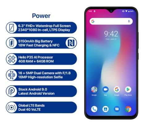 *Import Item* UMIDIGI Power Android 9.0 16MP+5MP back Cameras 5150mAh 4GB RAM 64GB ROM 6.3" Helio P3