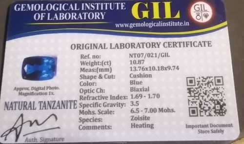 10.87 Ct - Certified Tanzanite  - 13.76x10.18 mm - Natural 100% GENUINE