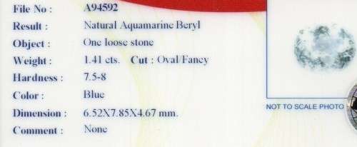 1.41ct -Certified- Oval Natural Unheated Blue Aquamarine