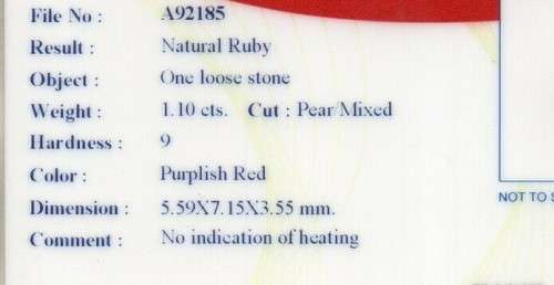 1.10ct- Certified- Purplish Red Ruby -Natural Pear shape - Unheated