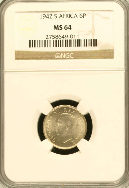 1942 UNION SIXPENCE  CHOICE UNCIRCULATED NGC MS64  KEY DATE