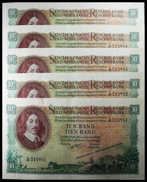 S. A. Bank Note : TEN RAND / TIEN RAND : G. RISSIK : RARE . NUMBERS 951 TO 955 High Grade