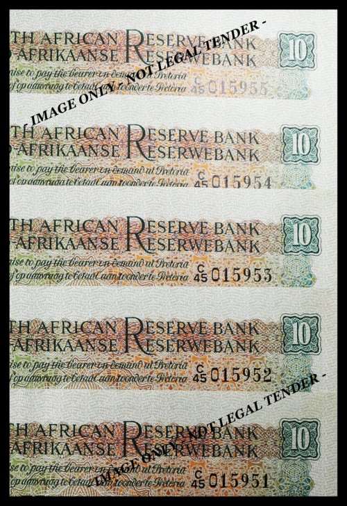 S. A. Bank Note : TEN RAND / TIEN RAND : G. RISSIK : RARE . NUMBERS 951 TO 955 High Grade