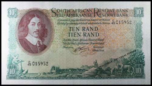 S. A. Bank Note : TEN RAND / TIEN RAND : G. RISSIK : RARE . NUMBERS 951 TO 955 High Grade