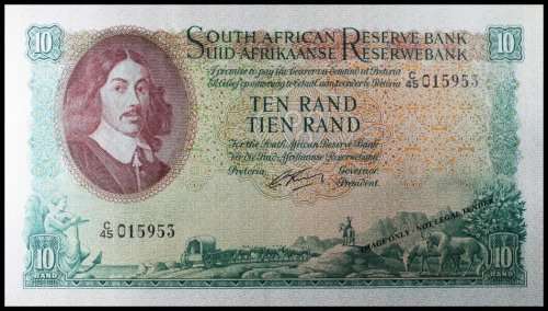 S. A. Bank Note : TEN RAND / TIEN RAND : G. RISSIK : RARE . NUMBERS 951 TO 955 High Grade
