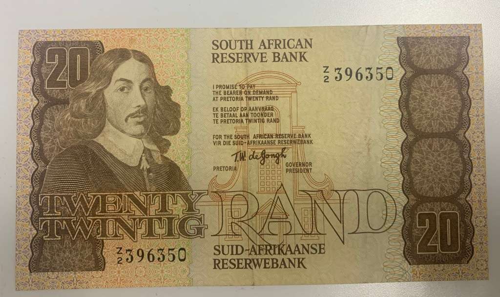 Rissik notes English and Afrikaans. R20 tw de jongh. Z2