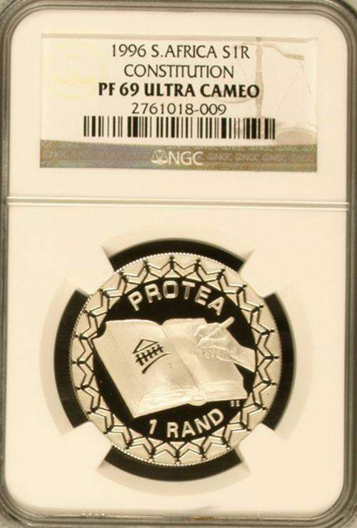 NGC GRADED PROOF 69 ULTRA CAM/1996 R1 SOUTH AFRICA SILVER PROTEA CONSTITUTION COIN