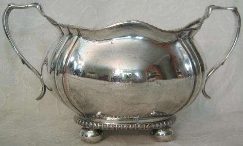 HUGE, ANTIQUE SILVER PLATED OVER COPPER, SUGAR BOWL WITH HANDLES.