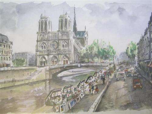 VINTAGE WATERCOLOUR OF NOTRE DAME, PAINTED BY FRENCH ARTIST GABRIELLE ARDANT.