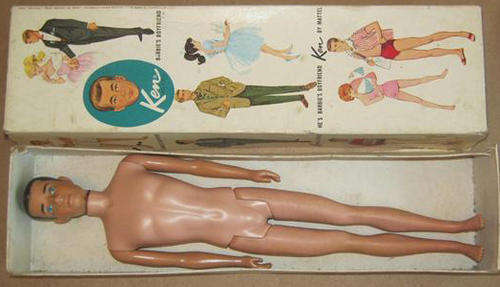 VINTAGE 1961 BARBIES KEN DOLL IN ORIGINAL BOX WITH CLOTHES AND 7 PAIRS OF SHOES.
