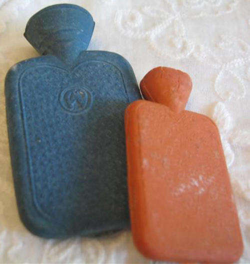 HOW CUTE ARE THESE ? TWO VINTAGE MINIATURE,  HOT WATER BOTTLES MADE OF RUBBER.