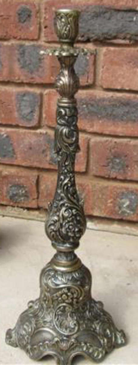TALL AND ELEGANT, ANTIQUED BRASS, ROCOCO STYLE CANDLESTICK, MADE IN ITALY.