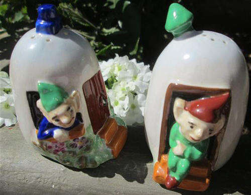 VINTAGE, ARTHUR BOWKER, ENGLAND, PAIR OF PORCELAIN PIXIE SALT AND PEPPER SHAKERS