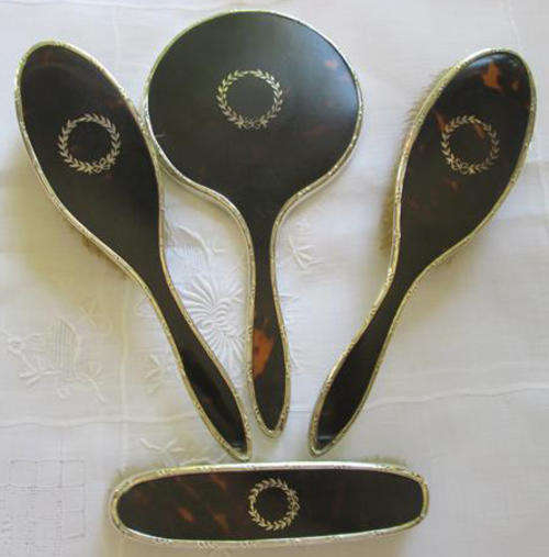 ANTIQUE HALL MARKED SILVER AND GENUIINE TORTOISE SHELL VANITY SET