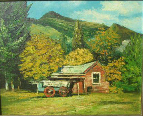 BRIGHT AND CHEERFUL !!! PIONEER COUNTRY SCENE, OIL ON CANVAS BOARD, IMPASTO TECHNIQUE,