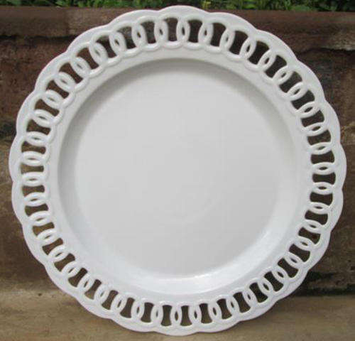 PERFECT CONDITION LARGE, ROUND WHITE CERAMIC PLATTER WITH OPEN WORK DESIGN EDGING..