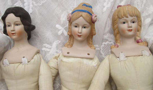 VINTAGE, BISQUE PORCELAIN REPRODUCTIONS OF 3 ANTIQUE DOLLS