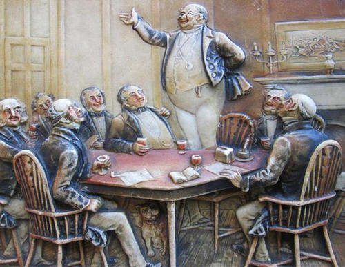 VINTAGE IVOREX WALL HANGING OF DICKENS MR PICKWICK ADDRESSING  MEMBERS OF THE PICKWICK CLUB