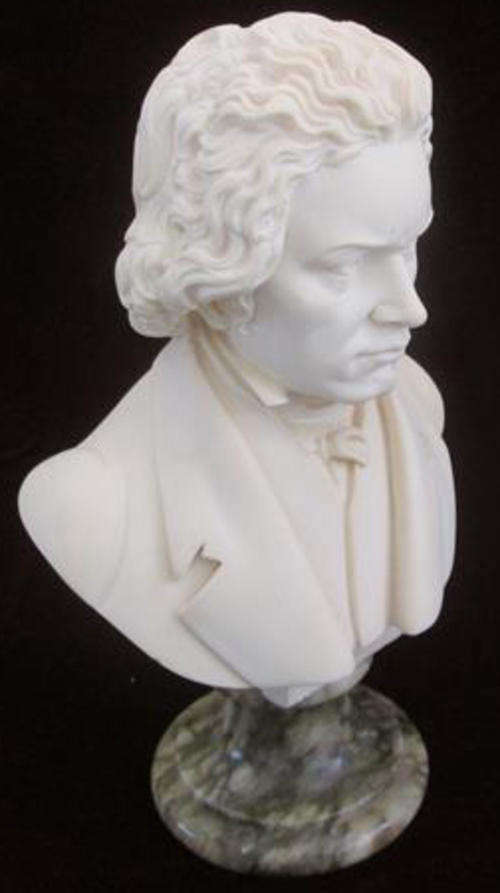 LARGE ITALIAN SIGNED A.G. VINTAGE ALABASTER BUST OF COMPOSER BEETHOVEN ON A MARBLE LOOKING PEDESTAL