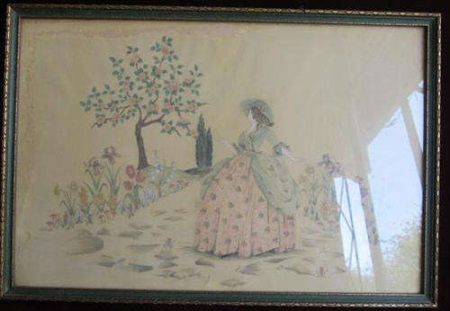 VINTAGE HAND PAINTED ONTO SILK ? CRINOLINE LADY IN A FLOWER FILLED GARDEN FRAMED BEHIND GLASS,