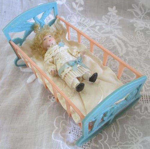 MINIATURE, VINTAGE HARD PLASTIC DOLLS ROCKING CRADLE,  MATTRESS