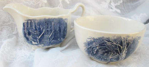 VINTAGE, BLUE AND WHITE JOHNSON BROS, HADDON HALL, ENGLAND MATCHING MILK JUG AND SUGAR BOWL